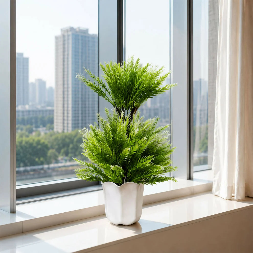 Artificial Cedar Plant in White Ceramic Pot – Luxury Home & Office Décor