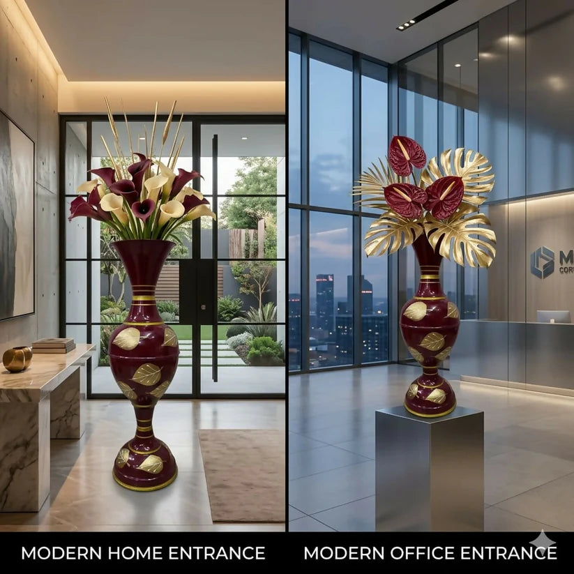 24-Inch Metal Floor Vase – Elegant Gold Leaf Design for Home Decor