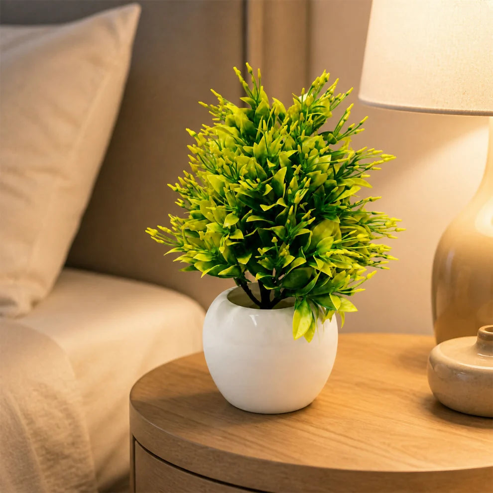 Artificial Yellow Green Bonsai Tree Plant in White Ceramic Pot Home Office Décor