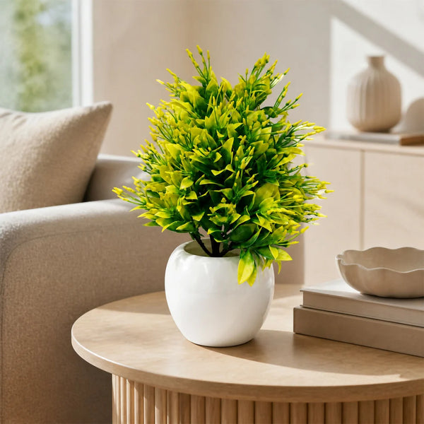 Artificial Yellow Green Bonsai Tree Plant in White Ceramic Pot Home Office Décor